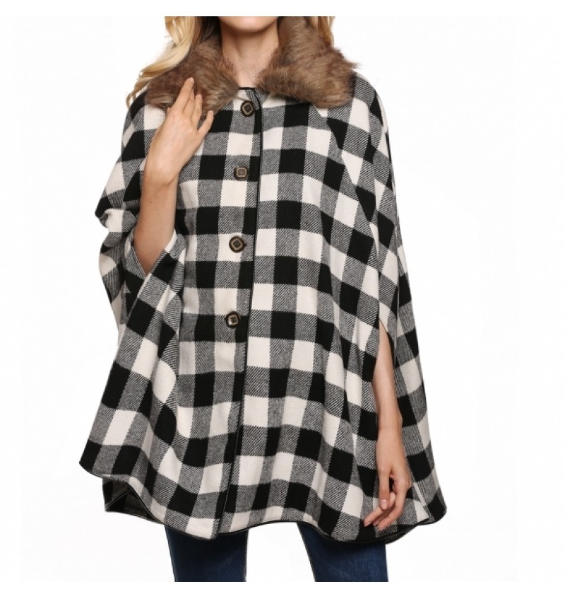 Women Casual Fur Lapel Neck Plaid Batwing Woolen Poncho Cloak Cape Coat