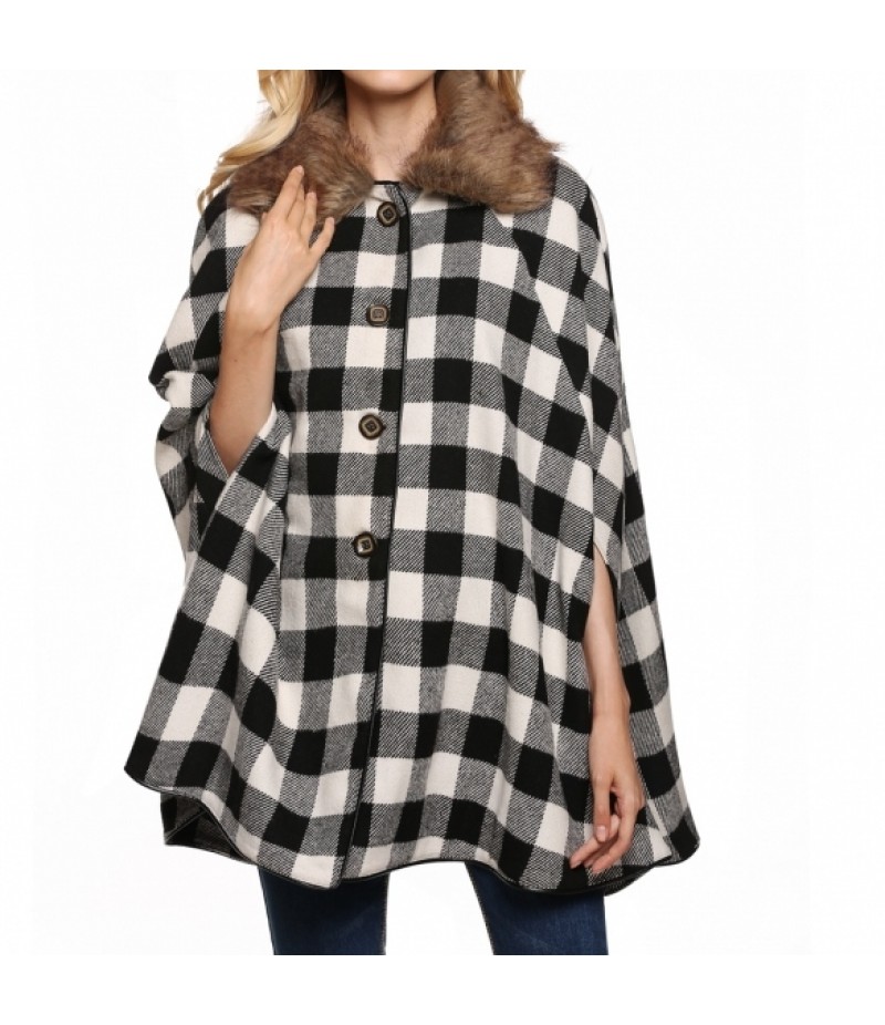 Women Casual Fur Lapel Neck Plaid Batwing Woolen Poncho Cloak Cape Coat