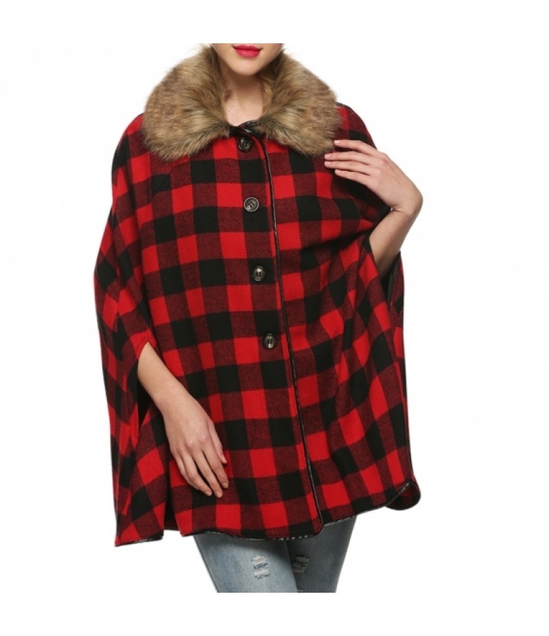 Women Casual Fur Lapel Neck Plaid Batwing Woolen Poncho Cloak Cape Coat