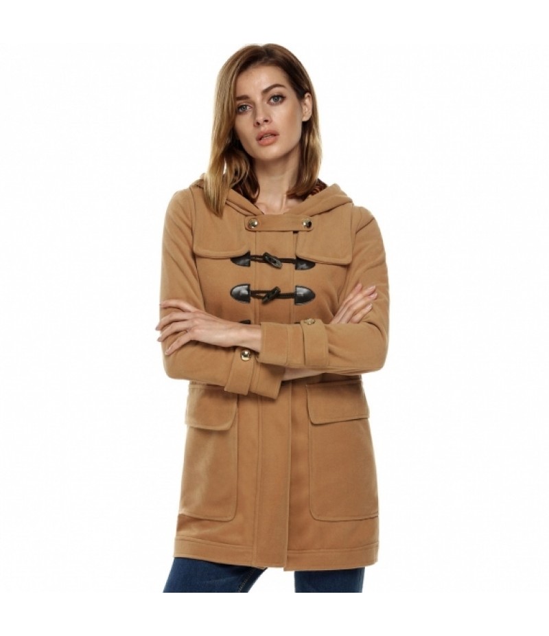 Fashion Ladies Women Casual Hooded Long Sleeve Solid Wool Blend Coat Outerwear