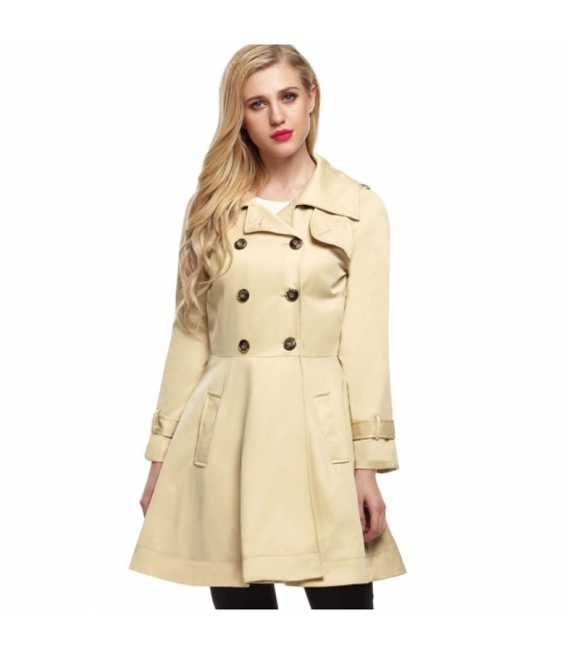 Women Casual Turndown Collar Long Sleeve Double-breasted Trench Windbreaker Outwear Jacket