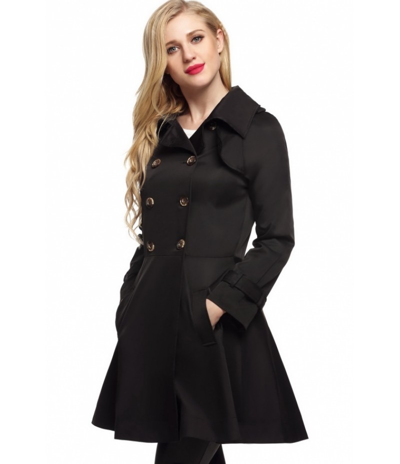 Women Casual Turndown Collar Long Sleeve Double-breasted Trench Windbreaker Outwear Jacket