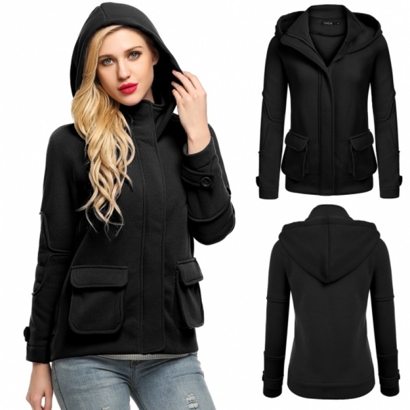 WomenLong Sleeve Zip-up Solid Fleece Hooded Jacket