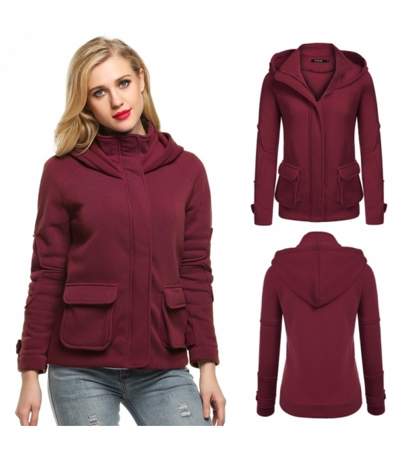 WomenLong Sleeve Zip-up Solid Fleece Hooded Jacket