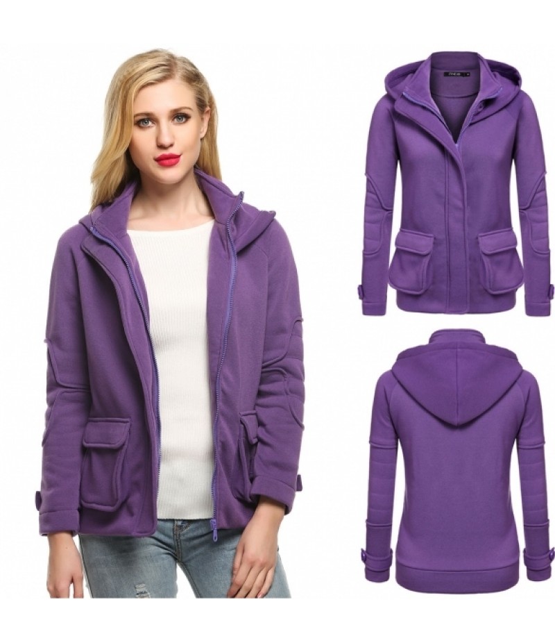 WomenLong Sleeve Zip-up Solid Fleece Hooded Jacket