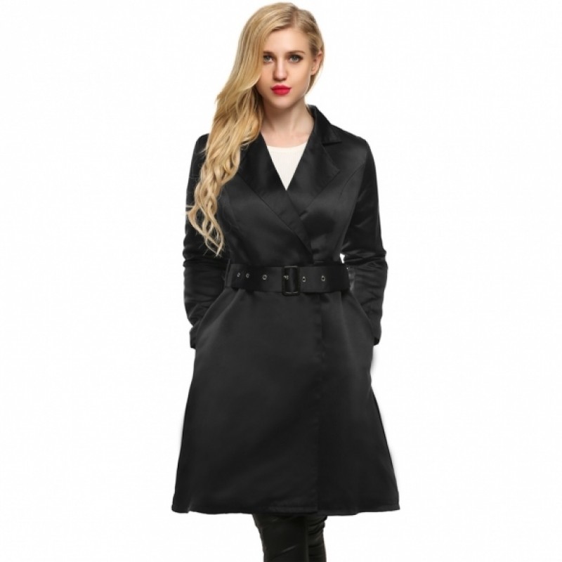 WomenElegant Notched Collar Solid Long Swing Trench Coat with Belt