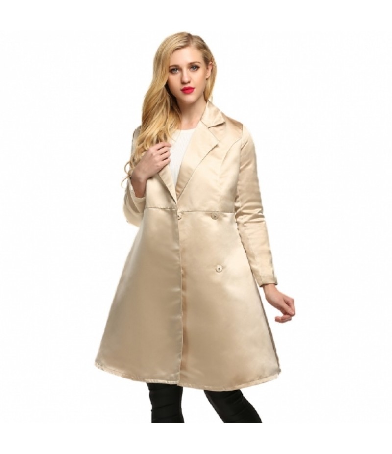 WomenElegant Notched Collar Solid Long Swing Trench Coat with Belt