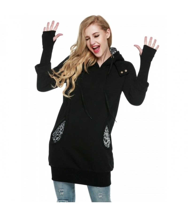 Women Winter Leopard Prints Pockets Front Lined Hoodie Long Sport Casual Sweatshirts