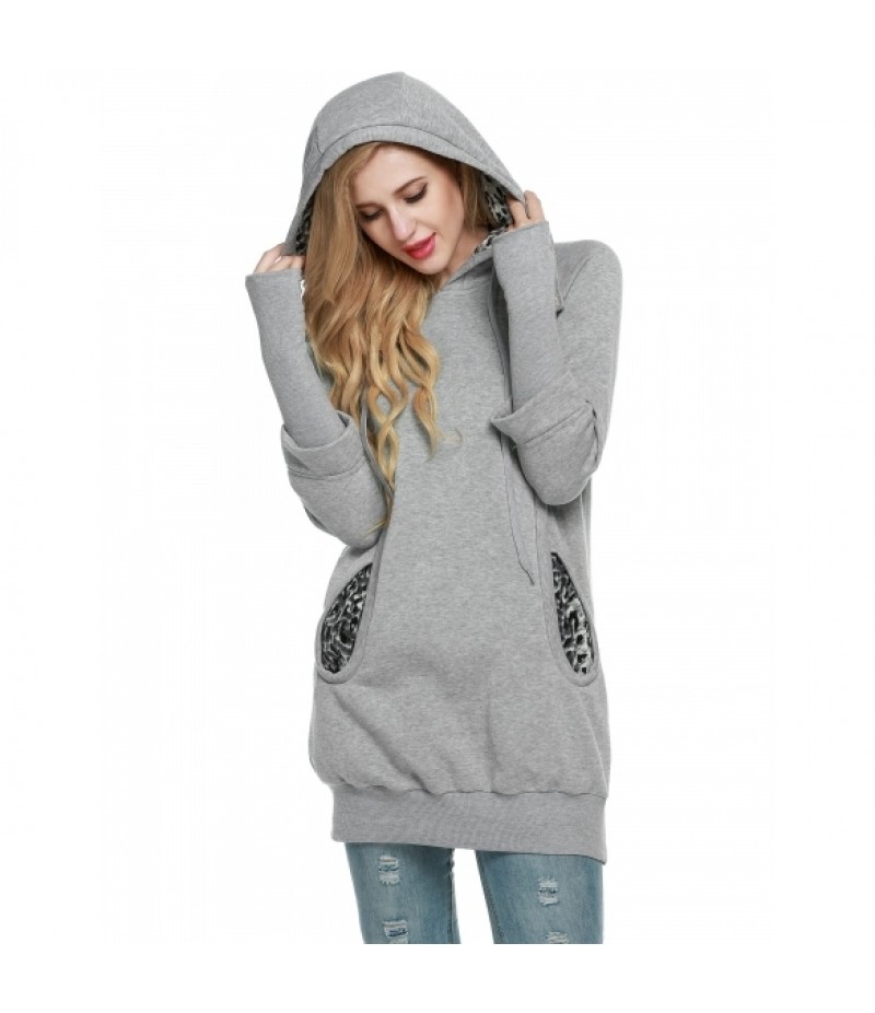 Women Winter Leopard Prints Pockets Front Lined Hoodie Long Sport Casual Sweatshirts