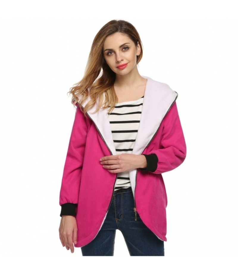 Stylish Women Irregular Slim Zipper Hooded Fleece Coat Overcoat Jacket