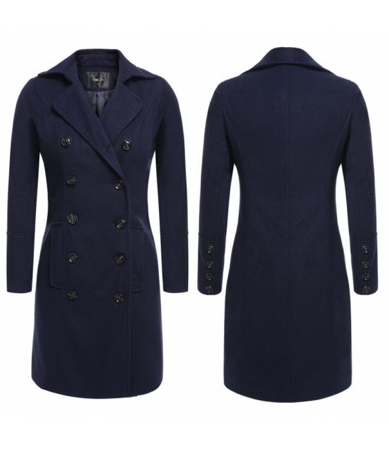 Women Casual Turn Down Collar Double Breasted Long Trench Coat