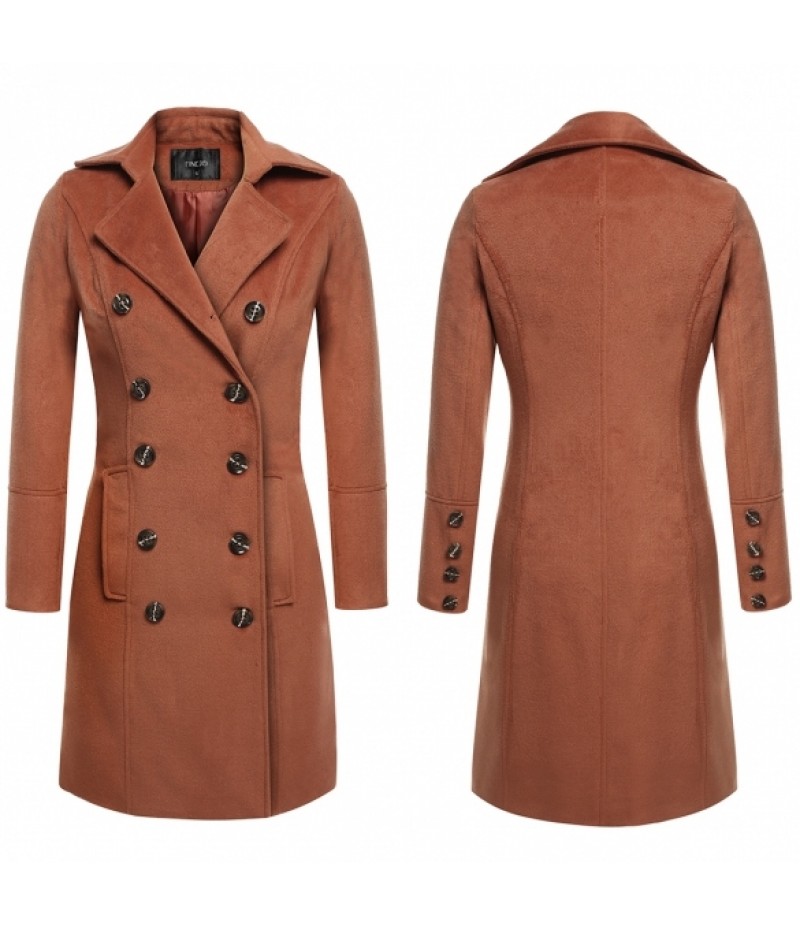 Women Casual Turn Down Collar Double Breasted Long Trench Coat